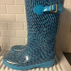L.L. Bean Puddle Stompers Tall Wellie Kids Rain Boots Blue Fish Waterproof